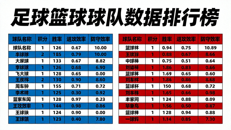 足球篮球球队积分、胜率、进攻防守数据排行榜